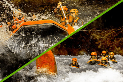 2 images in one with rafting and whitewater swimming