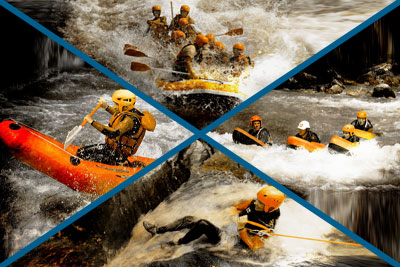 Multiple image of 4 whitewater activities, rafting, hydrospeed, canoe-raft and canyoning