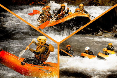 Mix of 3 images of whitewater, rafting, hydrospeed and canoe-rafting activities